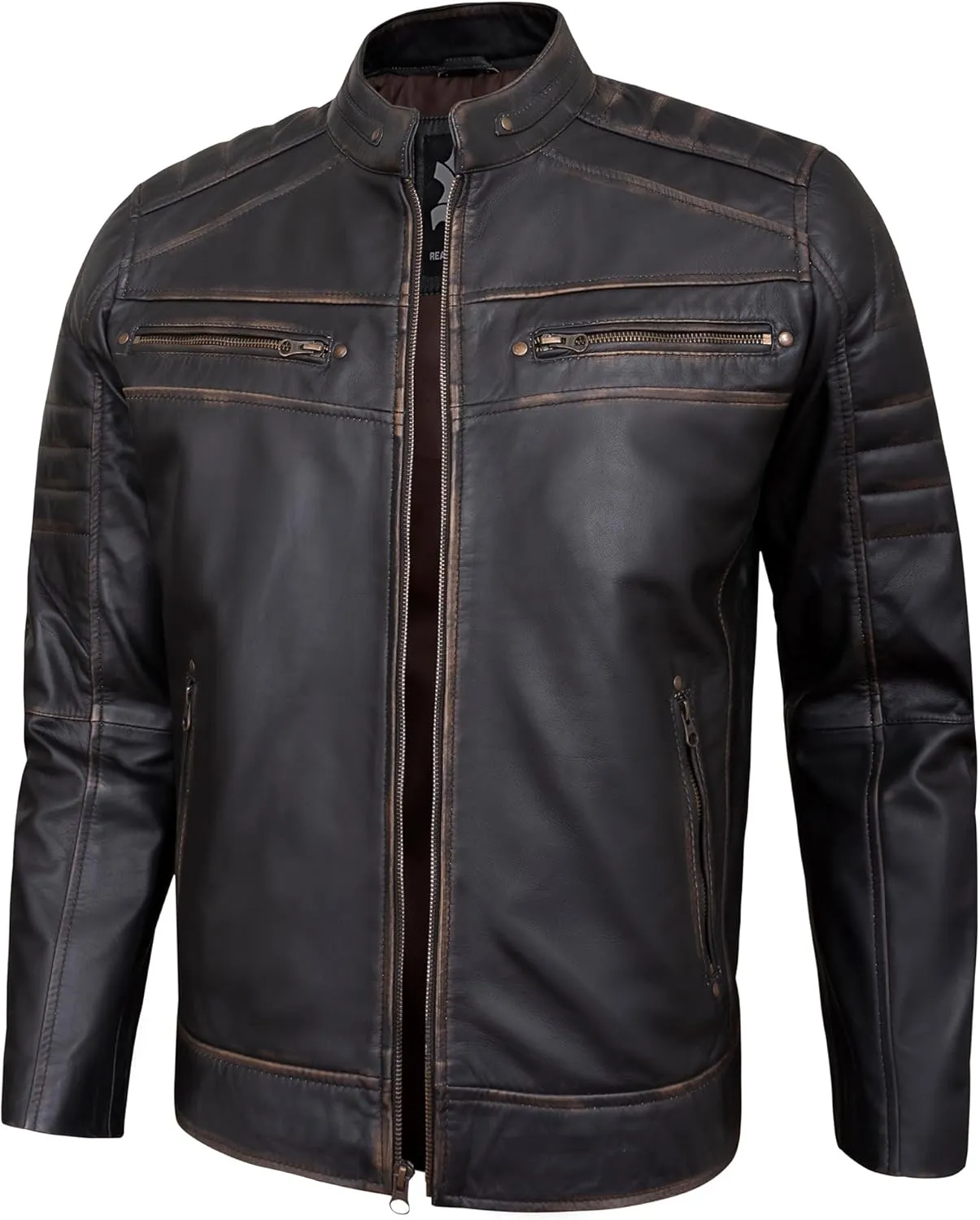 Real Lambskin Mens Leather Jackets - Quilted Biker Style Stand Collar Zip-Up Fashion Motorcycle Jacket Men