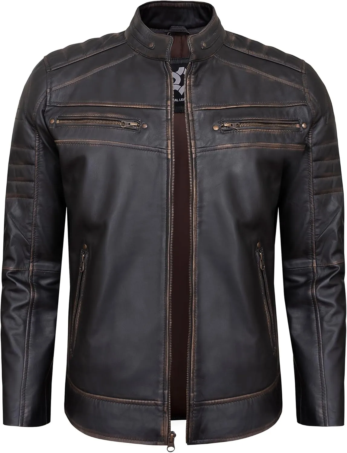 Real Lambskin Mens Leather Jackets - Quilted Biker Style Stand Collar Zip-Up Fashion Motorcycle Jacket Men