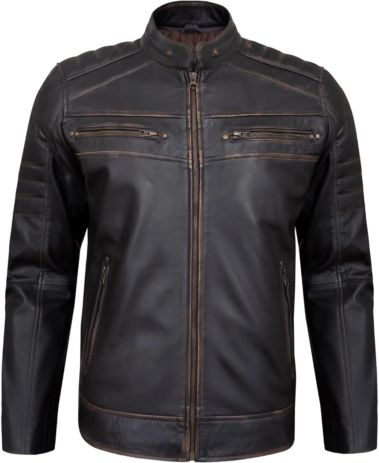 Real Lambskin Mens Leather Jackets - Quilted Biker Style Stand Collar Zip-Up Fashion Motorcycle Jacket Men