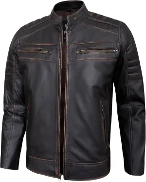 Real Lambskin Mens Leather Jackets - Quilted Biker Style Stand Collar Zip-Up Fashion Motorcycle Jacket Men