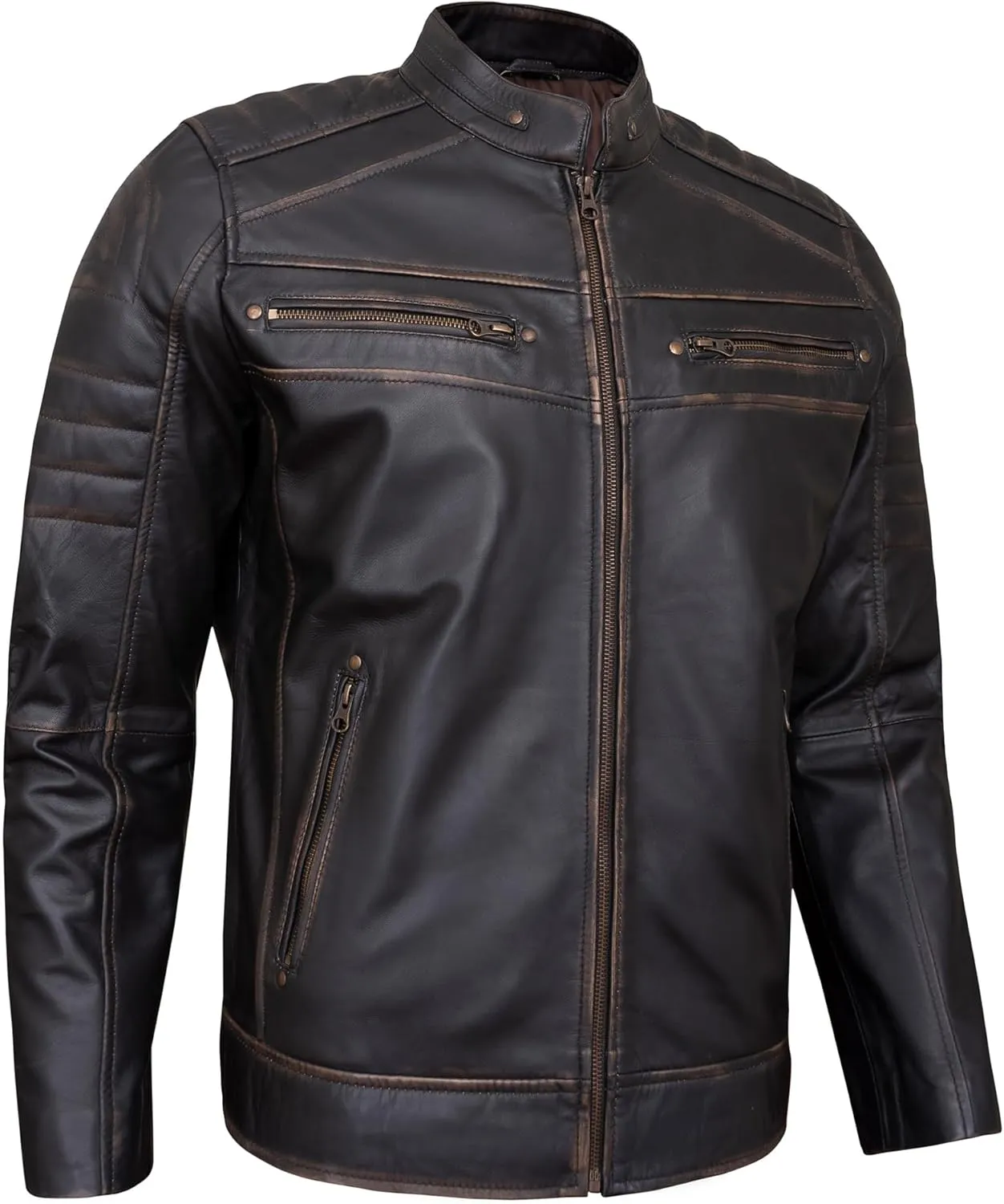 Real Lambskin Mens Leather Jackets - Quilted Biker Style Stand Collar Zip-Up Fashion Motorcycle Jacket Men