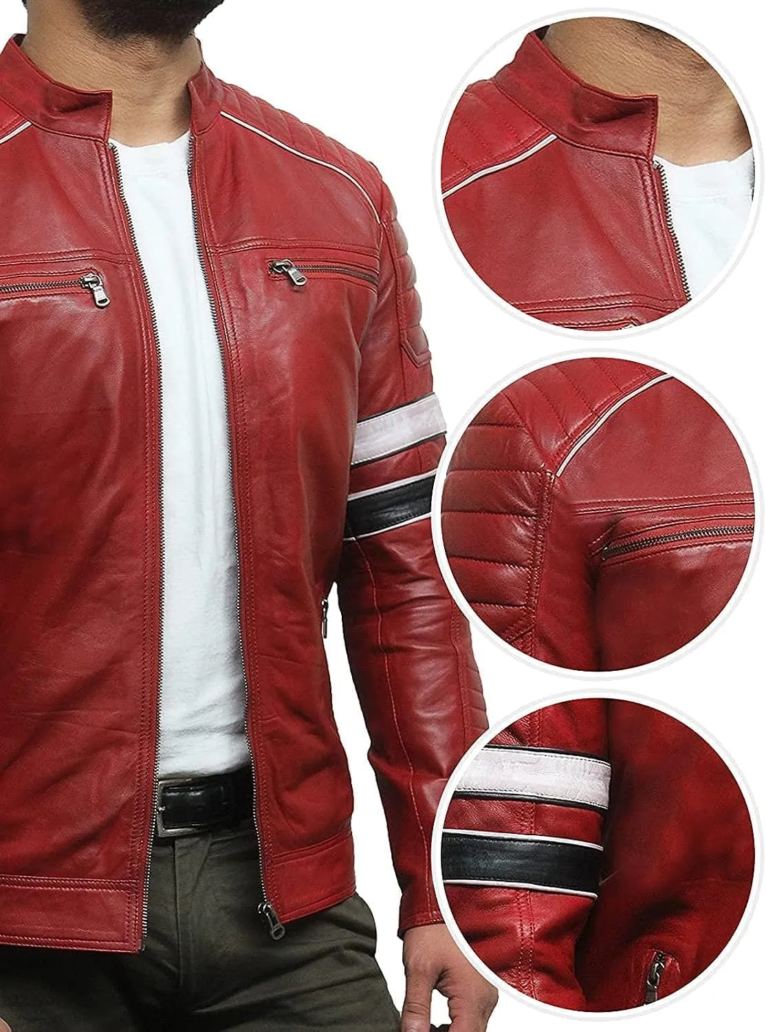 Red/BlackLeather Jacket for Men - Genuine Sheepskin Cafe Racer Motorcycle Jacket with Striking Red & White Stripes