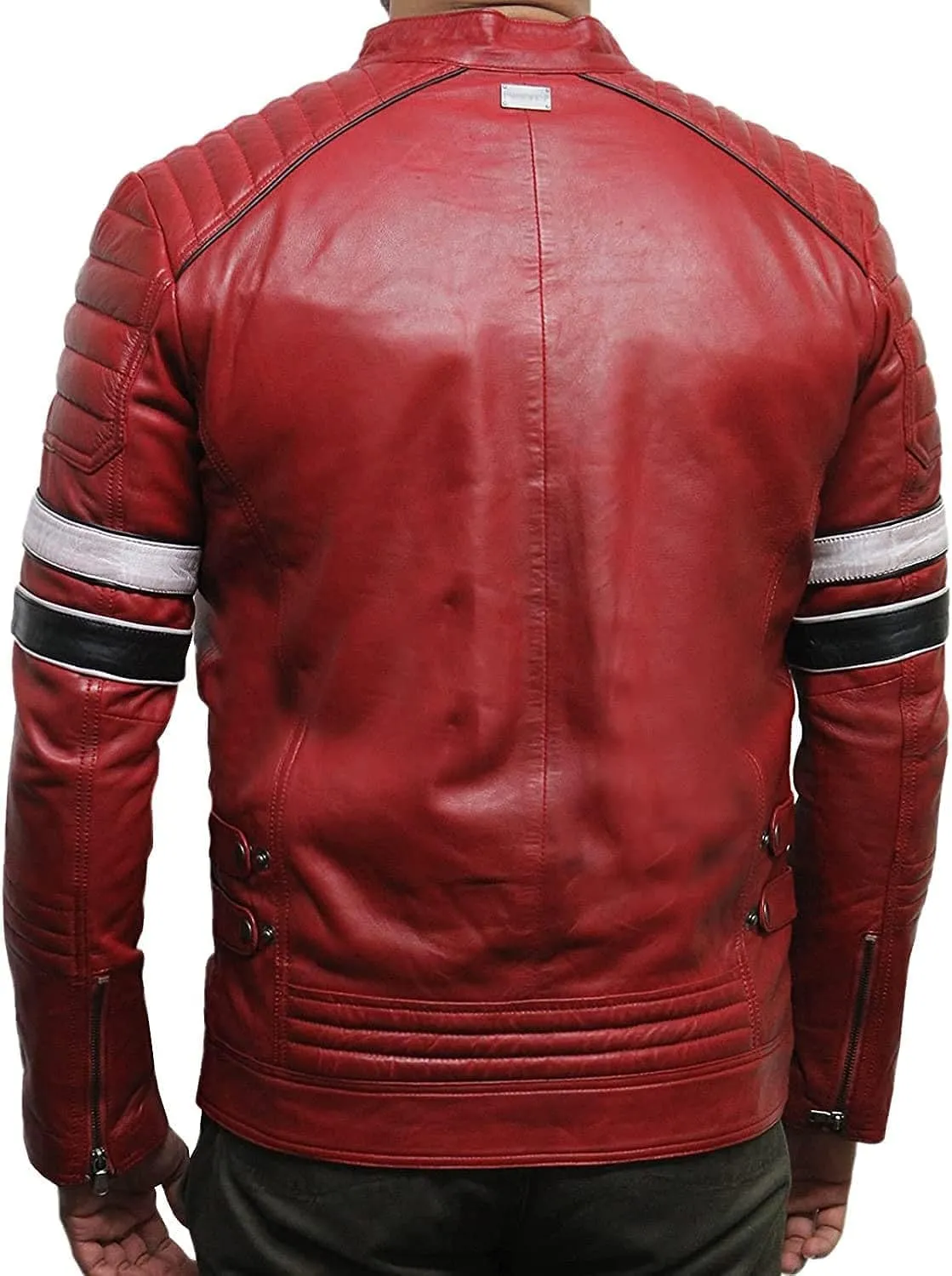 Red/BlackLeather Jacket for Men - Genuine Sheepskin Cafe Racer Motorcycle Jacket with Striking Red & White Stripes