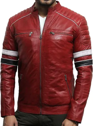 Red/BlackLeather Jacket for Men - Genuine Sheepskin Cafe Racer Motorcycle Jacket with Striking Red & White Stripes