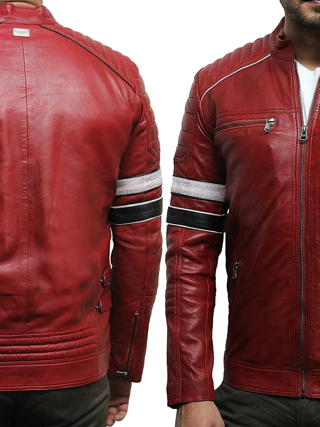 Red/BlackLeather Jacket for Men - Genuine Sheepskin Cafe Racer Motorcycle Jacket with Striking Red & White Stripes