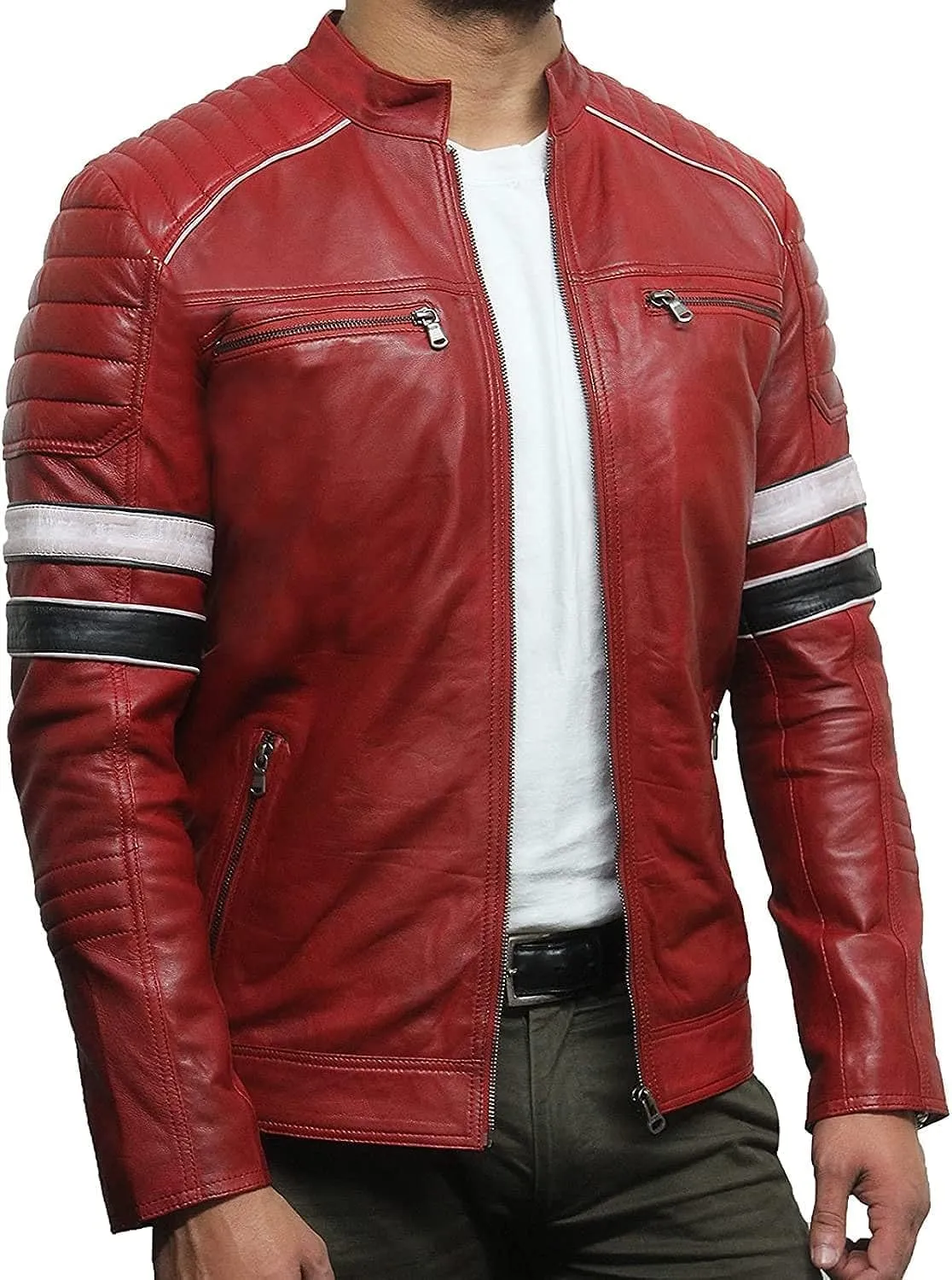 Red/BlackLeather Jacket for Men - Genuine Sheepskin Cafe Racer Motorcycle Jacket with Striking Red & White Stripes