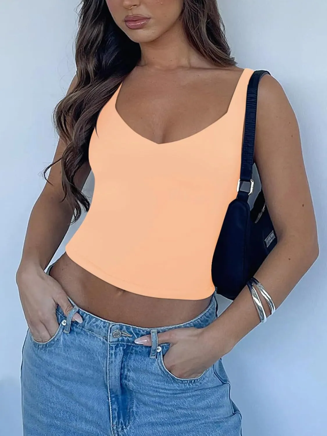 REORIA Womens Sexy V Neck Double Lined Sleeveless Cropped Cami Tank Y2K Workout Crop Tops