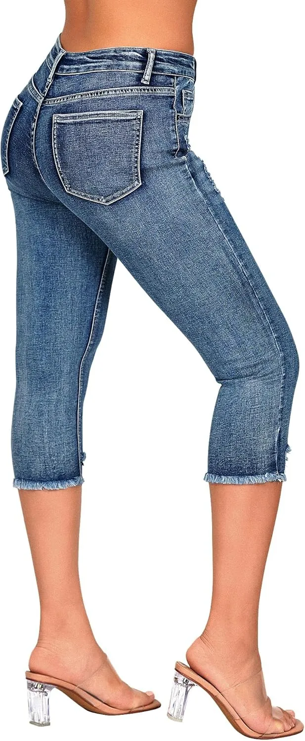 roswear Women's Capri Pants Mid Rise Skinny Ripped Stretchy Cropped Distressed Jeans