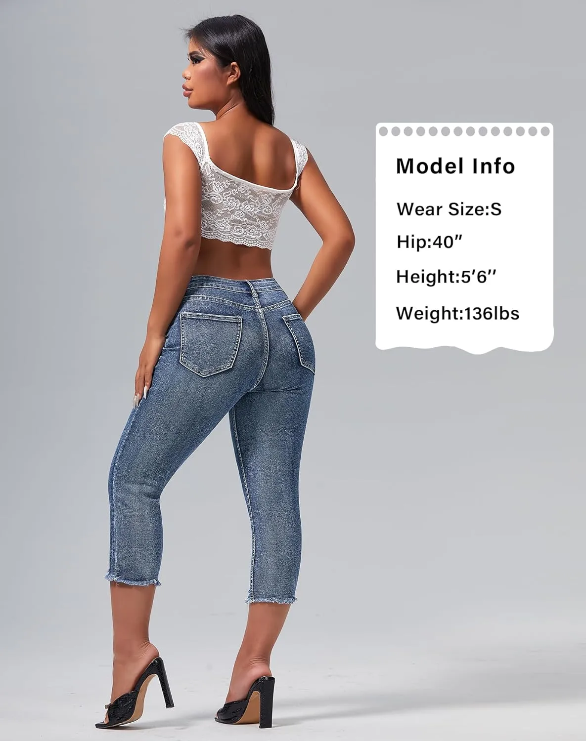 roswear Women's Capri Pants Mid Rise Skinny Ripped Stretchy Cropped Distressed Jeans