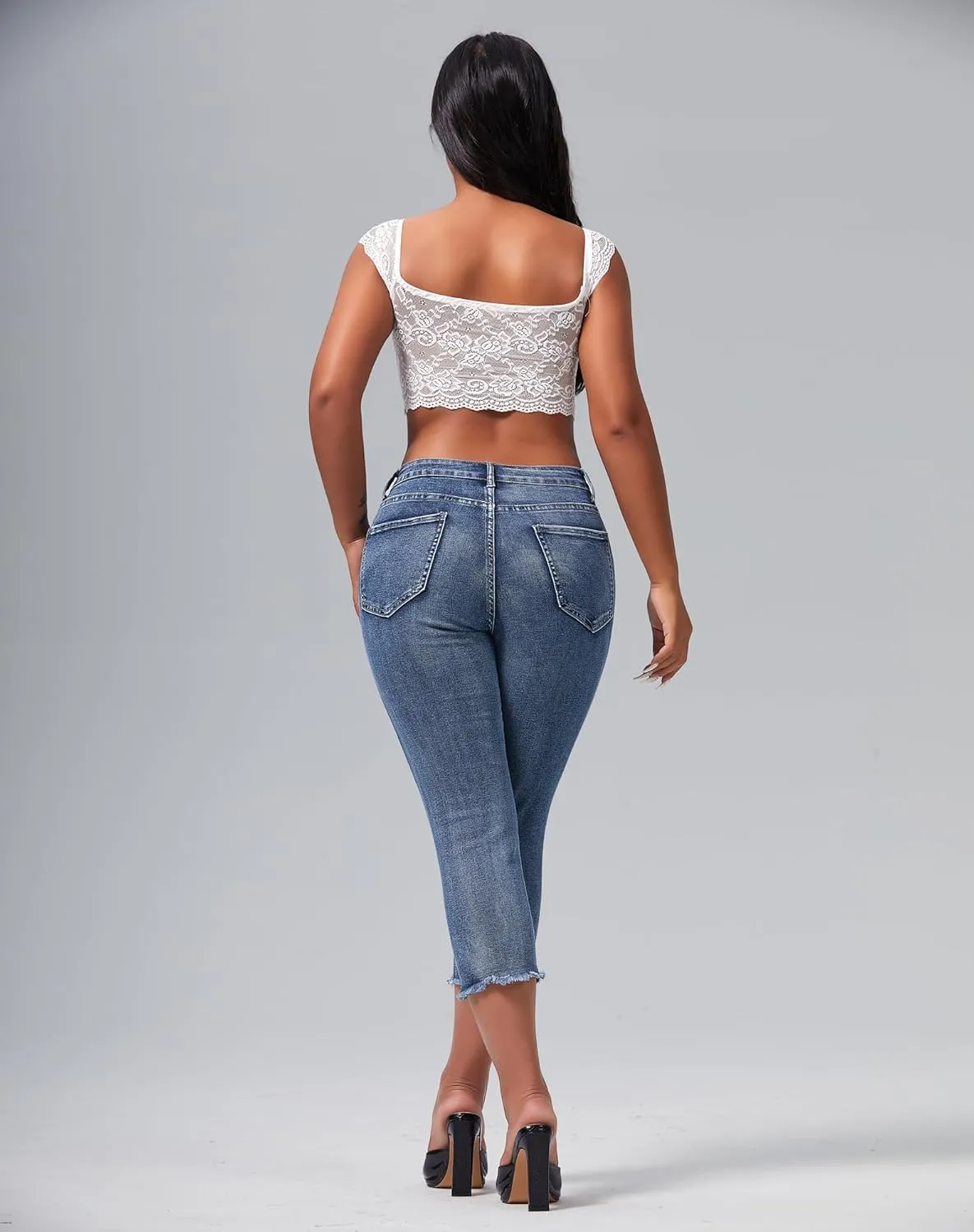 roswear Women's Capri Pants Mid Rise Skinny Ripped Stretchy Cropped Distressed Jeans