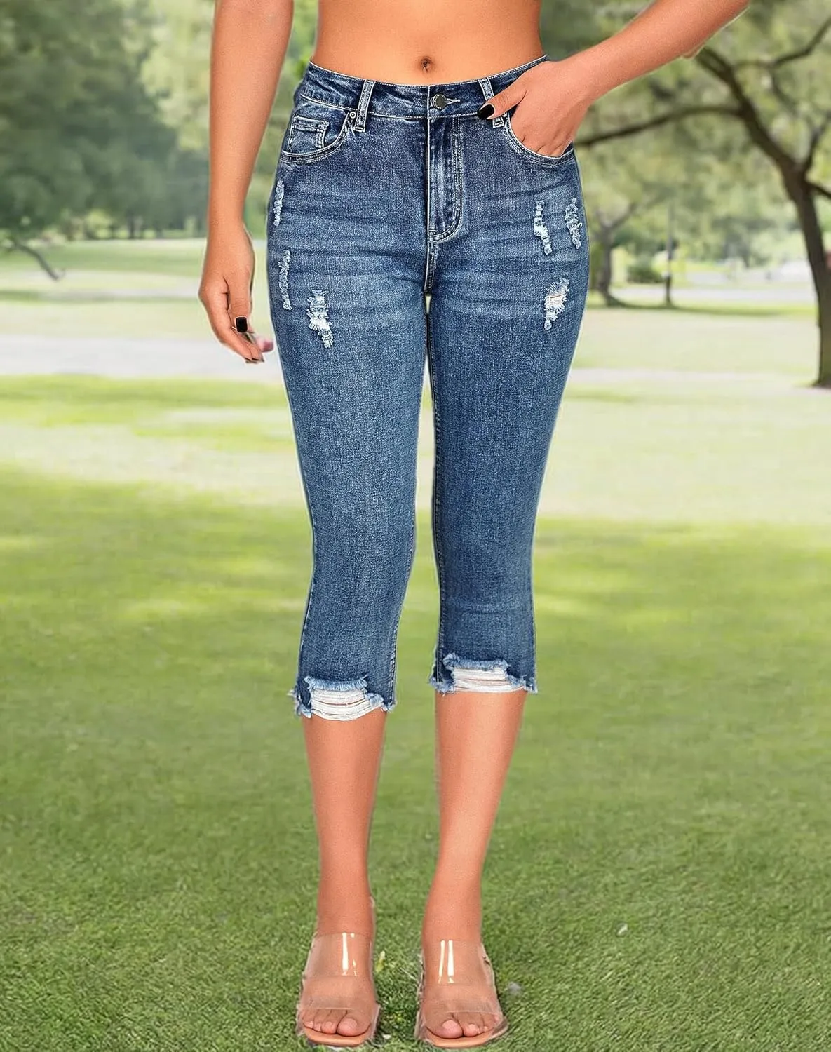 roswear Women's Capri Pants Mid Rise Skinny Ripped Stretchy Cropped Distressed Jeans
