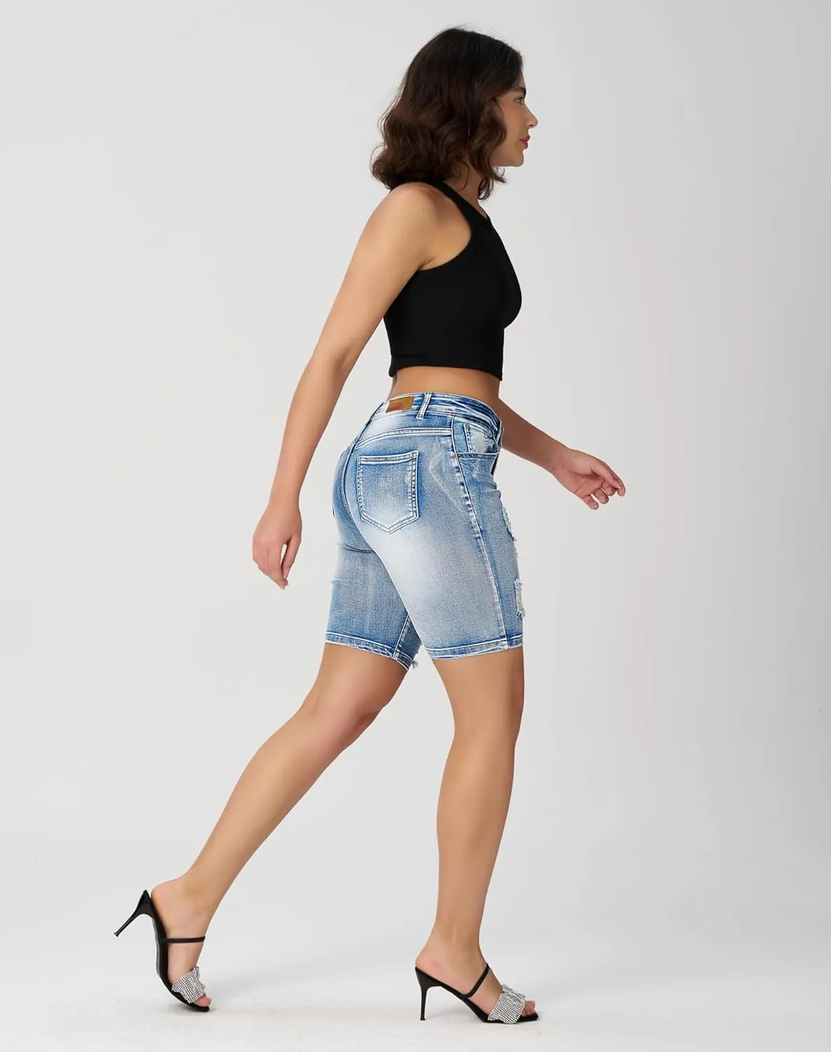 roswear Womens High Waisted Stretchy Denim Distressed Knee Length Bermuda Shorts