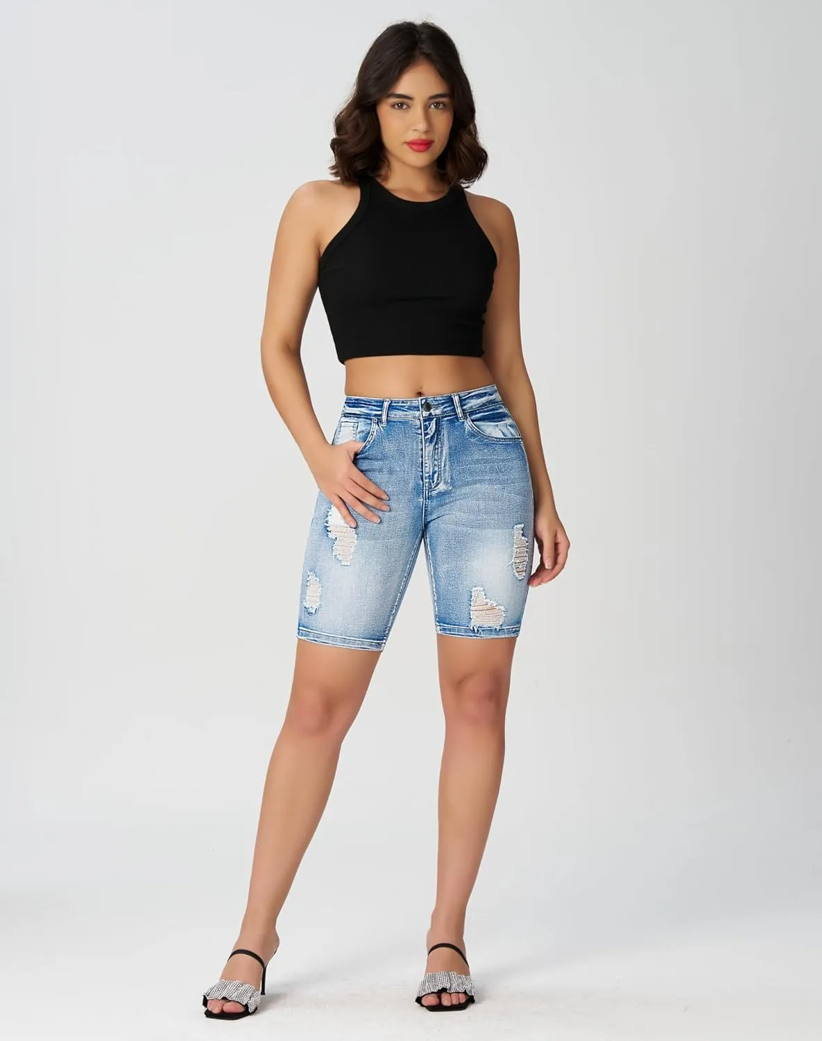 roswear Womens High Waisted Stretchy Denim Distressed Knee Length Bermuda Shorts