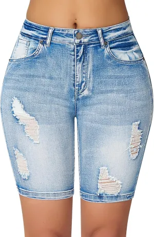 roswear Womens High Waisted Stretchy Denim Distressed Knee Length Bermuda Shorts