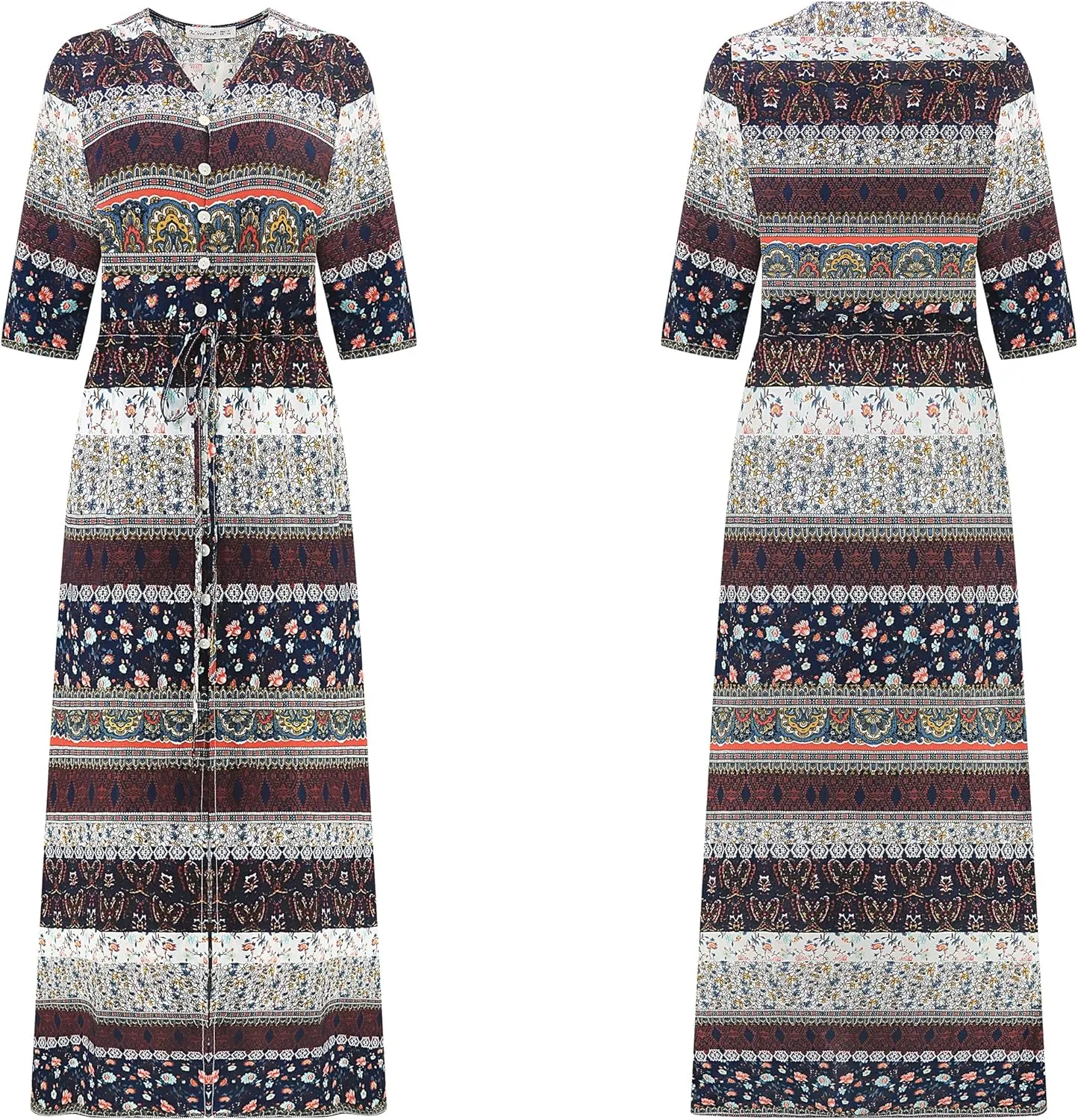 R.Vivimos Women's Summer Boho Button Up V Neck Floral Print Roll Up Causal Split Beach Midi Dresses