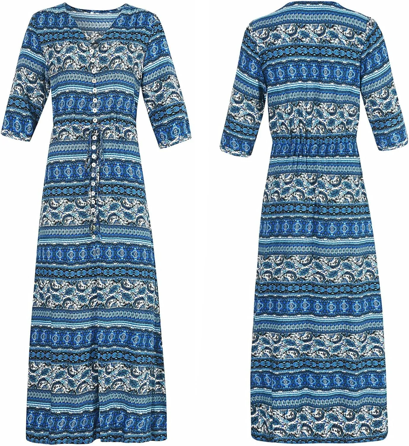 R.Vivimos Women's Summer Boho Button Up V Neck Floral Print Roll Up Causal Split Beach Midi Dresses