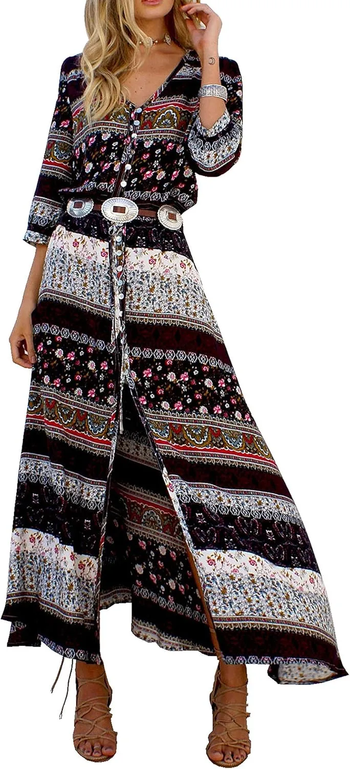 R.Vivimos Women's Summer Boho Button Up V Neck Floral Print Roll Up Causal Split Beach Midi Dresses