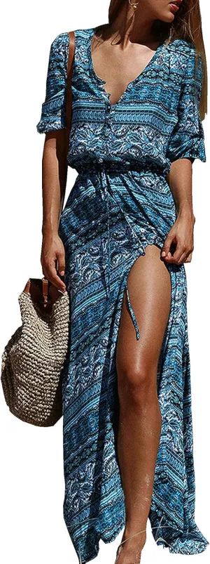 R.Vivimos Women's Summer Boho Button Up V Neck Floral Print Roll Up Causal Split Beach Midi Dresses