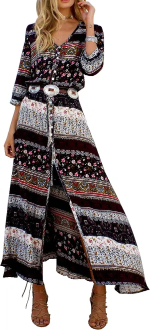 R.Vivimos Women's Summer Boho Button Up V Neck Floral Print Roll Up Causal Split Beach Midi Dresses
