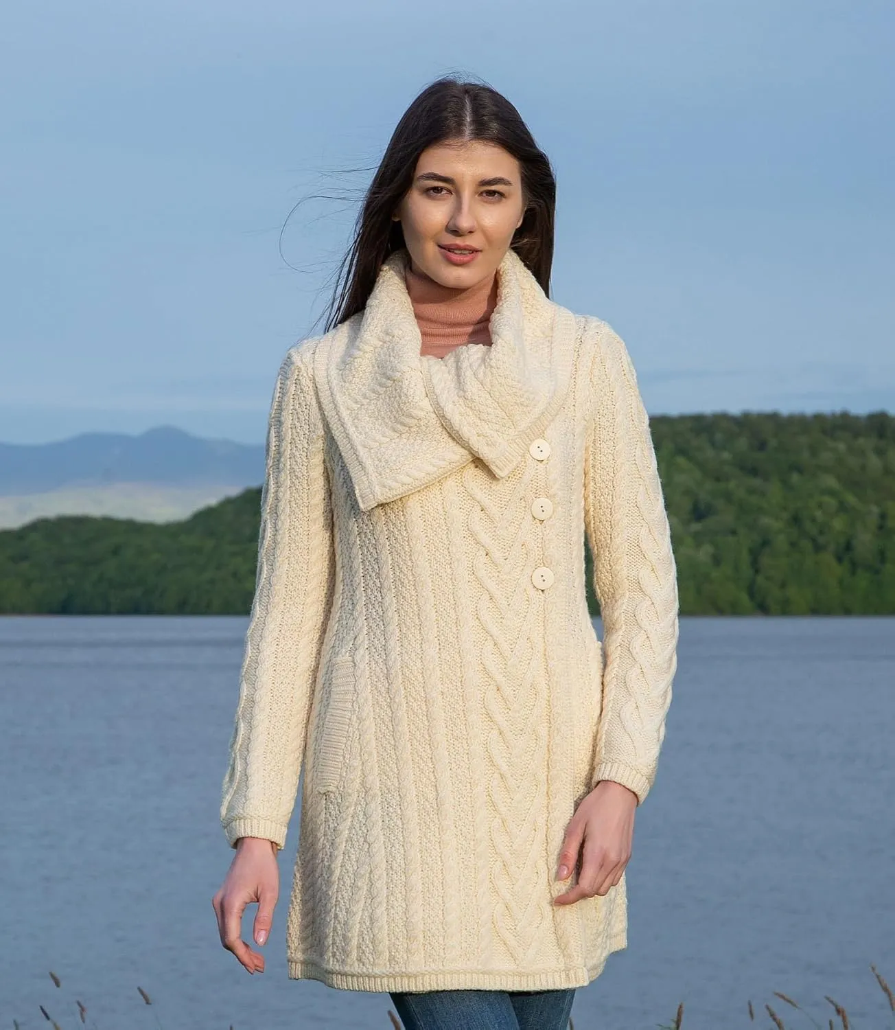 SAOL Womens Coatigan  100% Merino Wool Cable Knit Irish Cardigan with Pockets  Classic Warm Long Sweater Coat