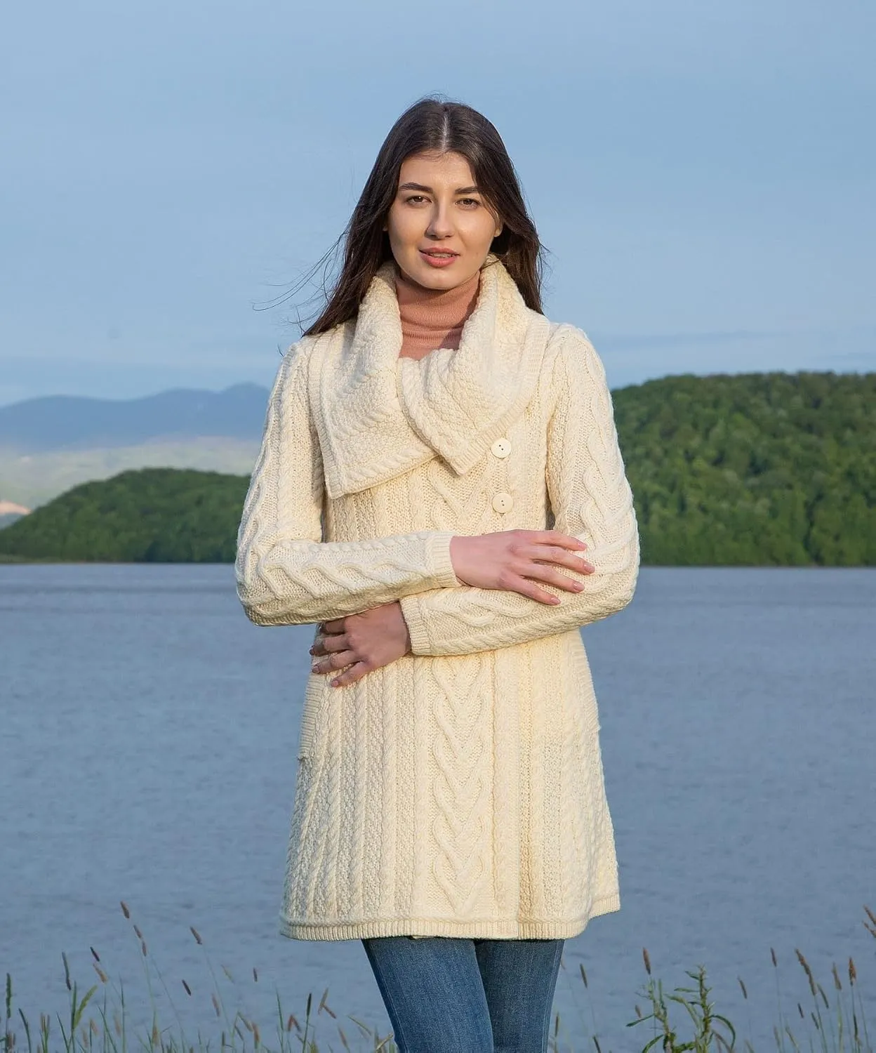 SAOL Womens Coatigan  100% Merino Wool Cable Knit Irish Cardigan with Pockets  Classic Warm Long Sweater Coat
