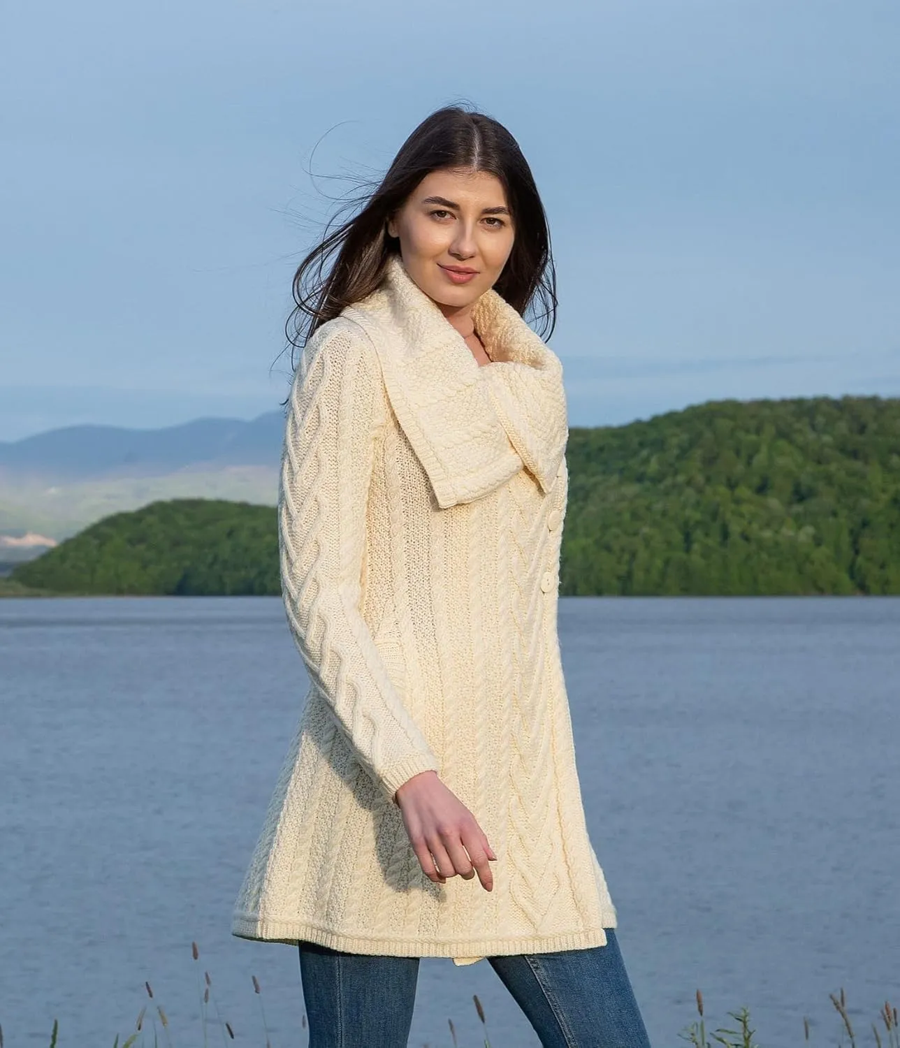 SAOL Womens Coatigan  100% Merino Wool Cable Knit Irish Cardigan with Pockets  Classic Warm Long Sweater Coat