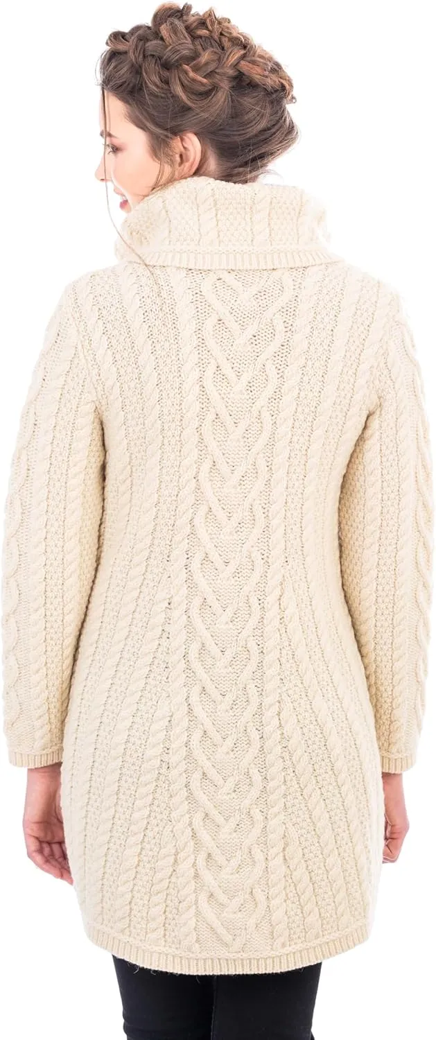 SAOL Womens Coatigan  100% Merino Wool Cable Knit Irish Cardigan with Pockets  Classic Warm Long Sweater Coat