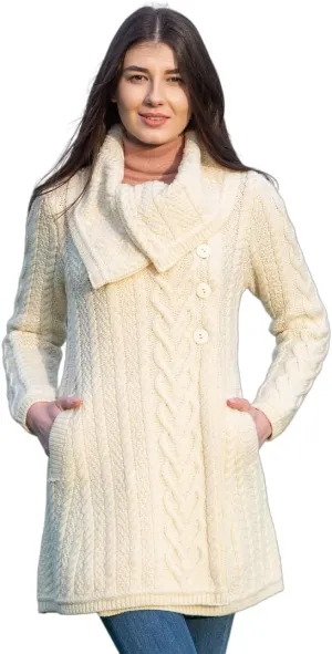 SAOL Womens Coatigan  100% Merino Wool Cable Knit Irish Cardigan with Pockets  Classic Warm Long Sweater Coat