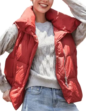SDEER Women's High Neck Down Vest Zipper Button Sleeveless Puffer Down Winter Coats Vest Warm Short Jacket