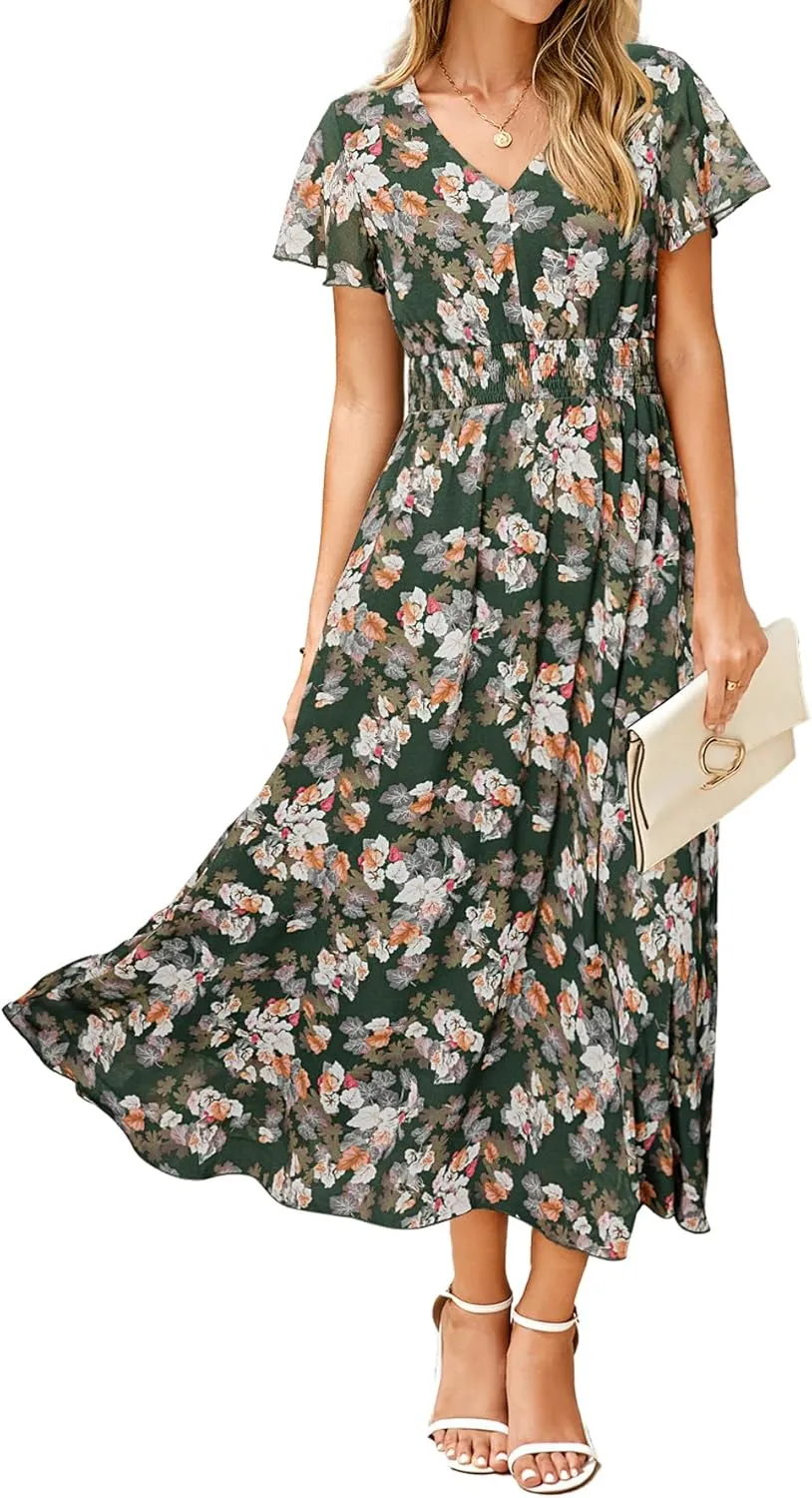 Simplee Womens Floral Maxi Dress - Short Sleeve Summer Boho Wedding Guest Dress Empire Waist Chiffon Modest Midi Dresses