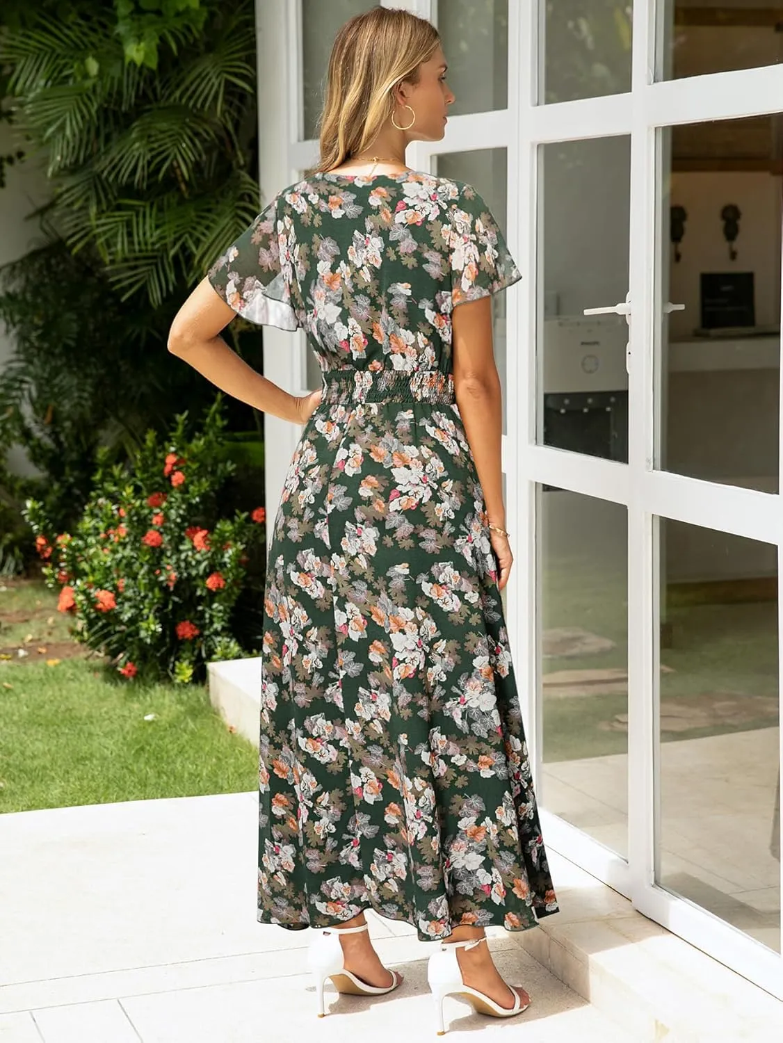 Simplee Womens Floral Maxi Dress - Short Sleeve Summer Boho Wedding Guest Dress Empire Waist Chiffon Modest Midi Dresses