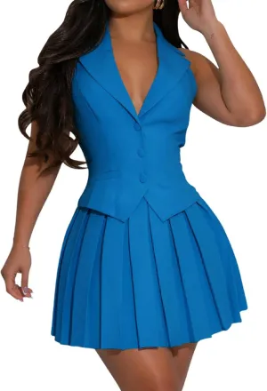 Skirt Suit Set for Women V Neck Backless Sleeveless Blazer Vest and Mini Pleated Skirts