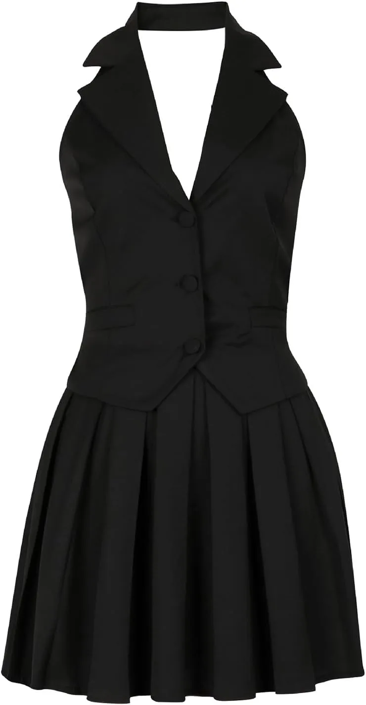 Skirt Suit Set for Women V Neck Backless Sleeveless Blazer Vest and Mini Pleated Skirts