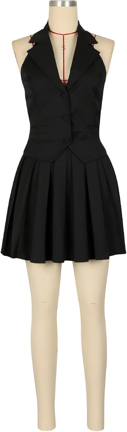 Skirt Suit Set for Women V Neck Backless Sleeveless Blazer Vest and Mini Pleated Skirts