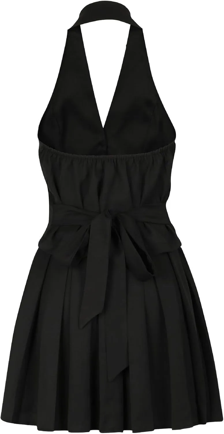 Skirt Suit Set for Women V Neck Backless Sleeveless Blazer Vest and Mini Pleated Skirts