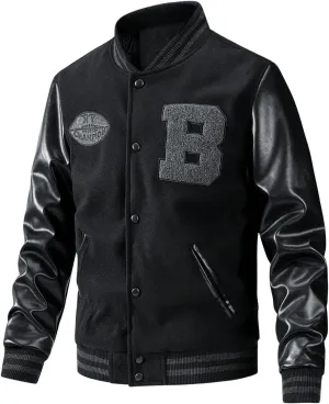 SOLY HUX Men's Varsity Jacket Letter Graphic PU Leather Long Sleeve Baseball Jacket Coats