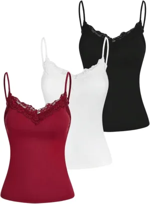 SOLY HUX Women's Camisole Tops with Built in Bra 3 Packs Lace Trim Spaghetti Strap Cami Tank Top