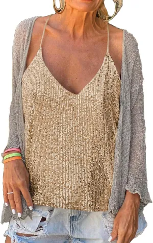 Sooraiton Summer Sequin Cami Tops for Women Sexy V Neck Sequins Sparkle Sleeveless Tanks Top Trendy Shimmer Party Slim Shirt