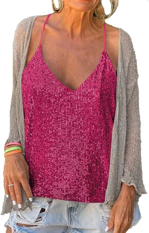 Sooraiton Summer Sequin Cami Tops for Women Sexy V Neck Sequins Sparkle Sleeveless Tanks Top Trendy Shimmer Party Slim Shirt