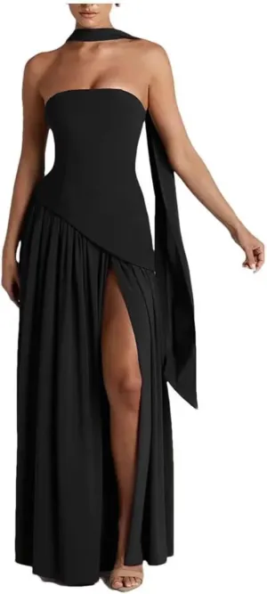 Strapless Bridesmaid Dress with Scarf Chiffon Long Formal Prom Dresses Evening Gowns with Slit