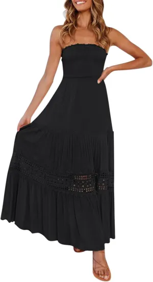 Summer Dresses for Women 2024 Strapless Off Shoulder Crochet Lace Trim Flowy A Line Wedding Guest Dress Beach Long Maxi Dress