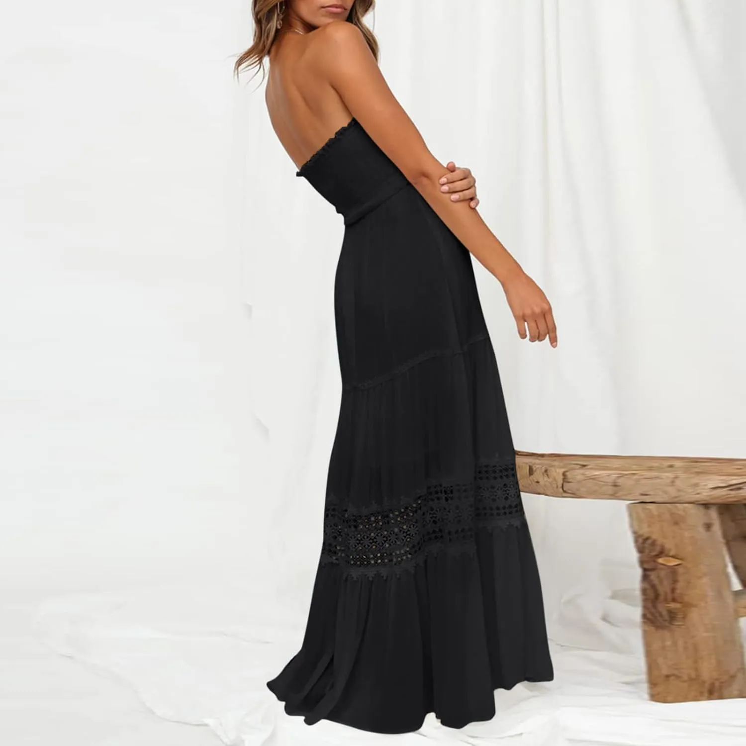 Summer Dresses for Women 2024 Strapless Off Shoulder Crochet Lace Trim Flowy A Line Wedding Guest Dress Beach Long Maxi Dress
