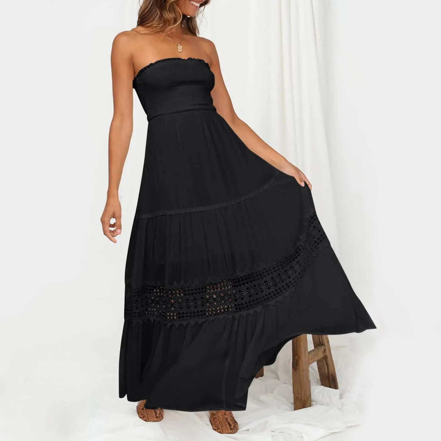 Summer Dresses for Women 2024 Strapless Off Shoulder Crochet Lace Trim Flowy A Line Wedding Guest Dress Beach Long Maxi Dress