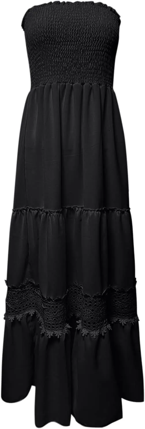 Summer Dresses for Women 2024 Strapless Off Shoulder Crochet Lace Trim Flowy A Line Wedding Guest Dress Beach Long Maxi Dress