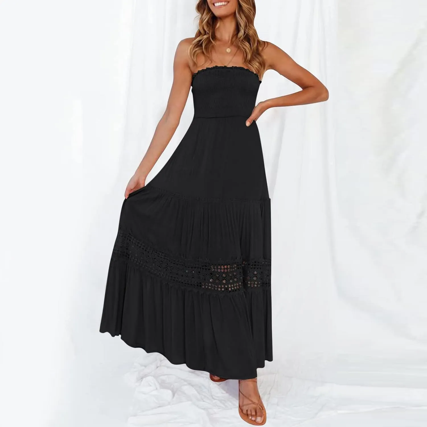 Summer Dresses for Women 2024 Strapless Off Shoulder Crochet Lace Trim Flowy A Line Wedding Guest Dress Beach Long Maxi Dress