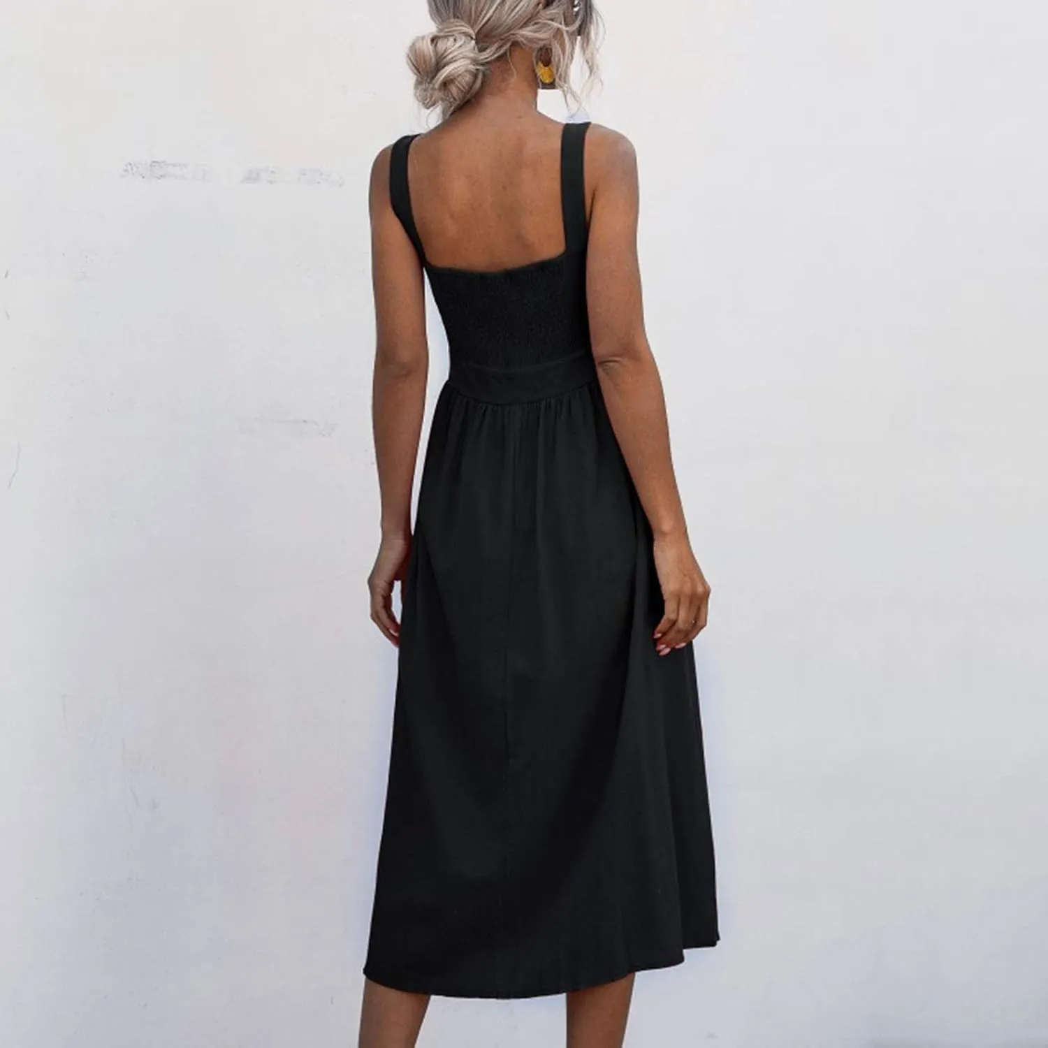 Summer Dresses for Women 2025 Casual Square Neck Mixi Dress Sleeveless Smocked Tank Dress Cocktail Party Sundresses