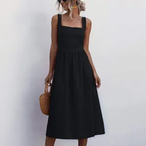 Summer Dresses for Women 2025 Casual Square Neck Mixi Dress Sleeveless Smocked Tank Dress Cocktail Party Sundresses