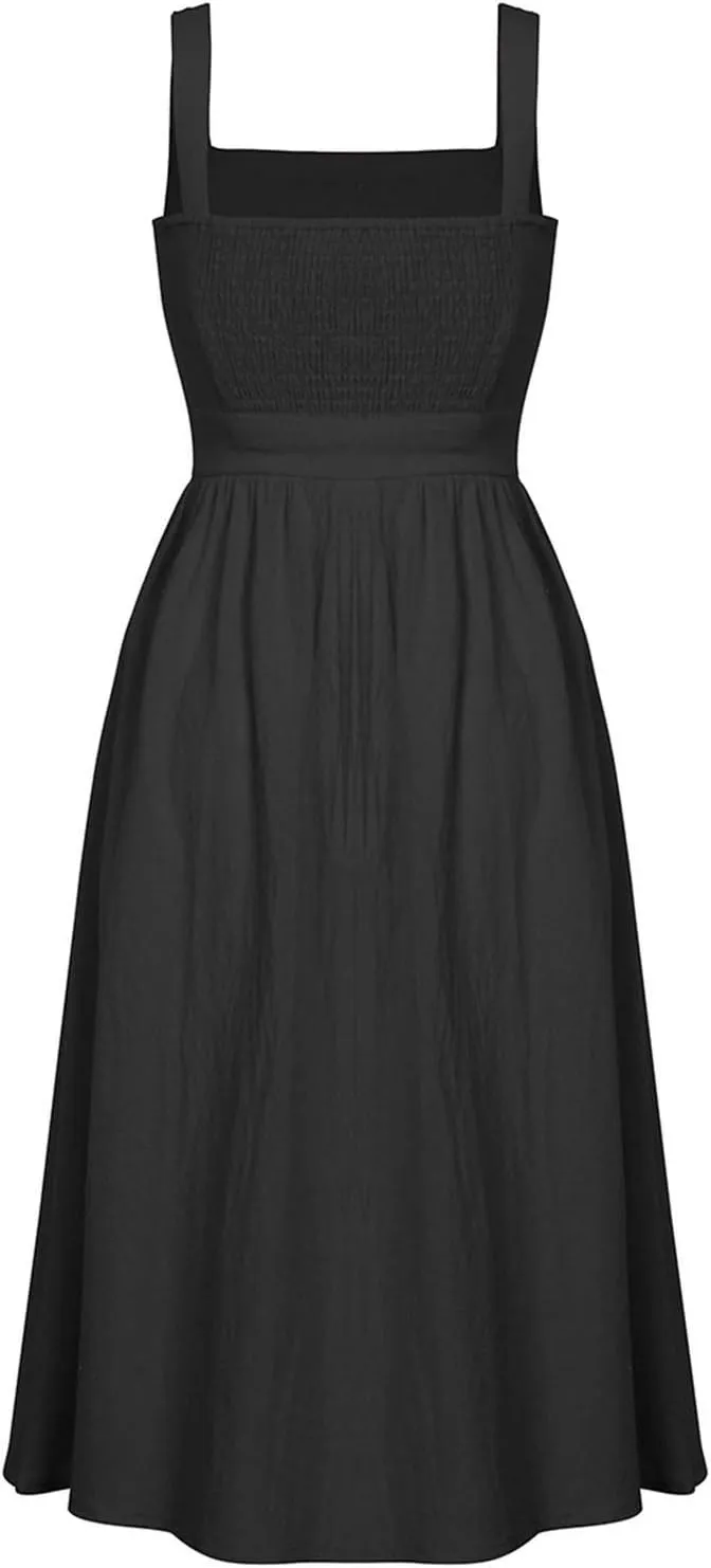 Summer Dresses for Women 2025 Casual Square Neck Mixi Dress Sleeveless Smocked Tank Dress Cocktail Party Sundresses