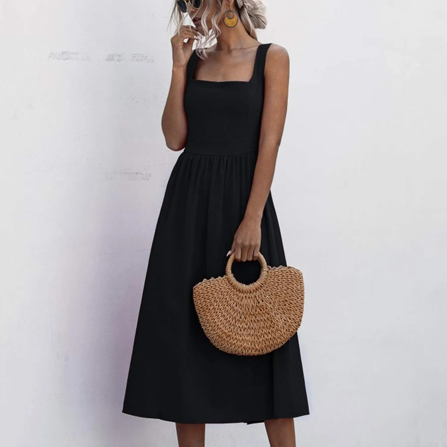 Summer Dresses for Women 2025 Casual Square Neck Mixi Dress Sleeveless Smocked Tank Dress Cocktail Party Sundresses