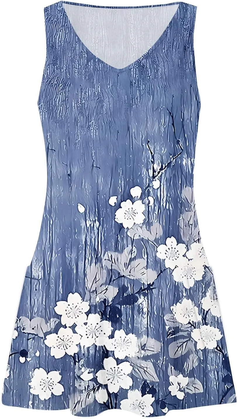 Summer Dresses for Women Fashion Beach Vacation Boho Floral Tunic Dress Sexy v Neck Sleeveless Mini Tank Sundress